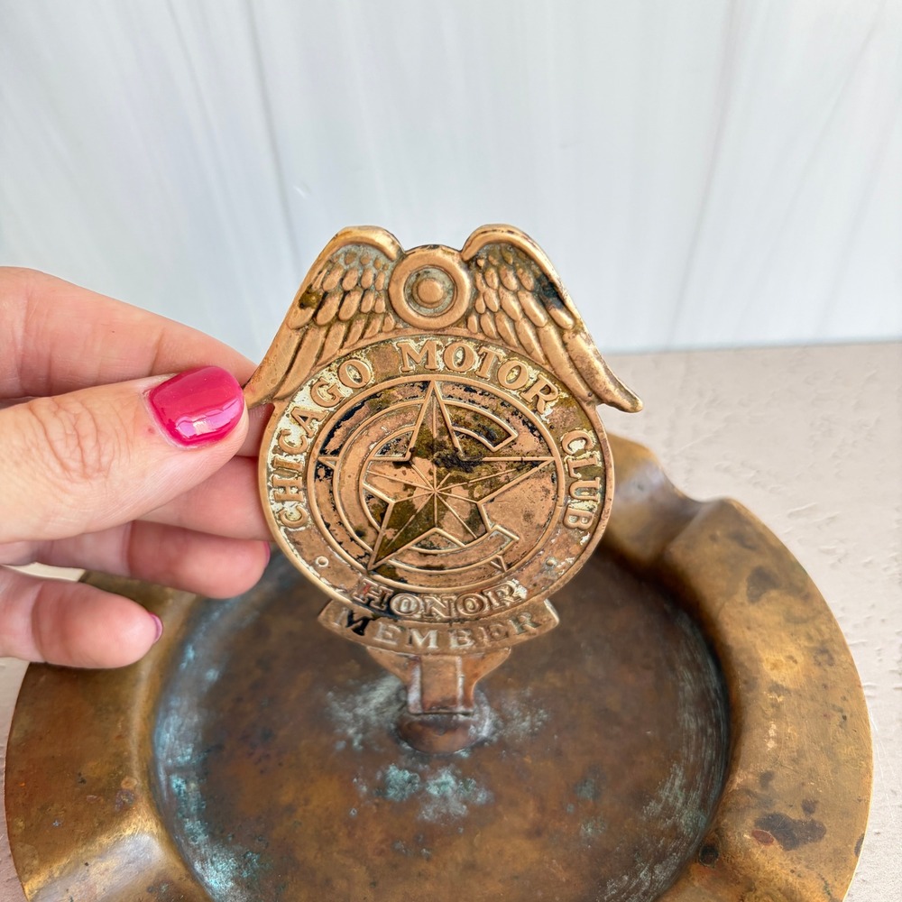 Vintage Brass Chicago Motor Club Honor Member Winged Badge Ashtray Automobilia - Picture 5 of 10